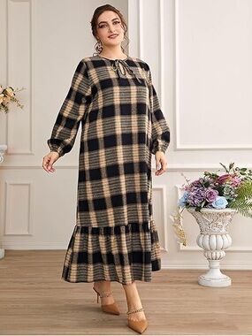 Plaid Long Sleeve Midi Dress - Black & Beige